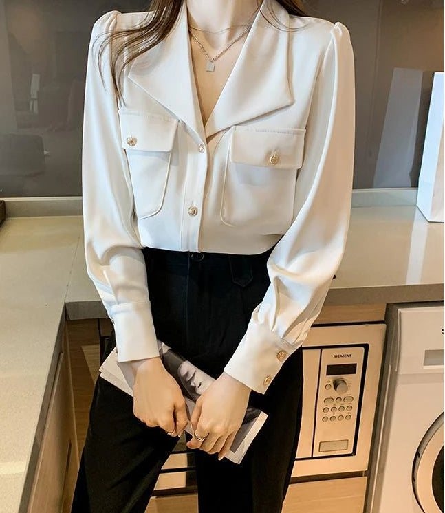 Women's Shirt and Blouse White Dress Shirts Loose Office Outfits Wear To Work Formal Female Tops Full Long Sleeve Button Up Cool