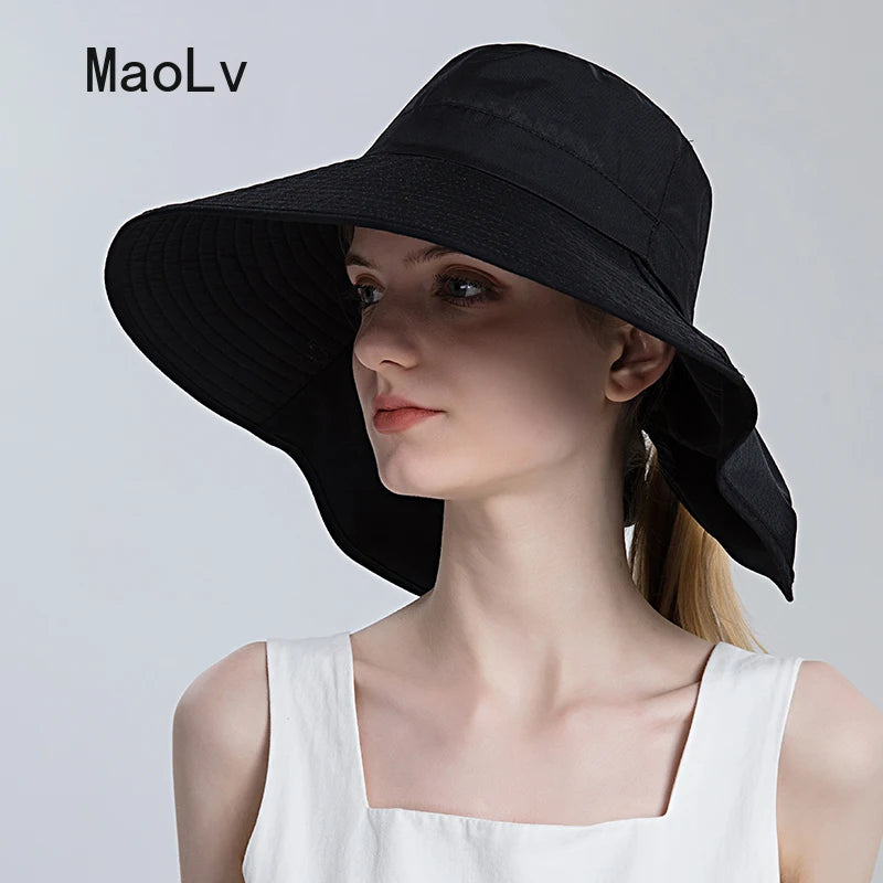 Beach Visor Ponytail Cap Summer Sun Hat for Women Outdoor Neck UV Protection Cycling Fishing Fisherman Hat Big Brim Bucket Hat