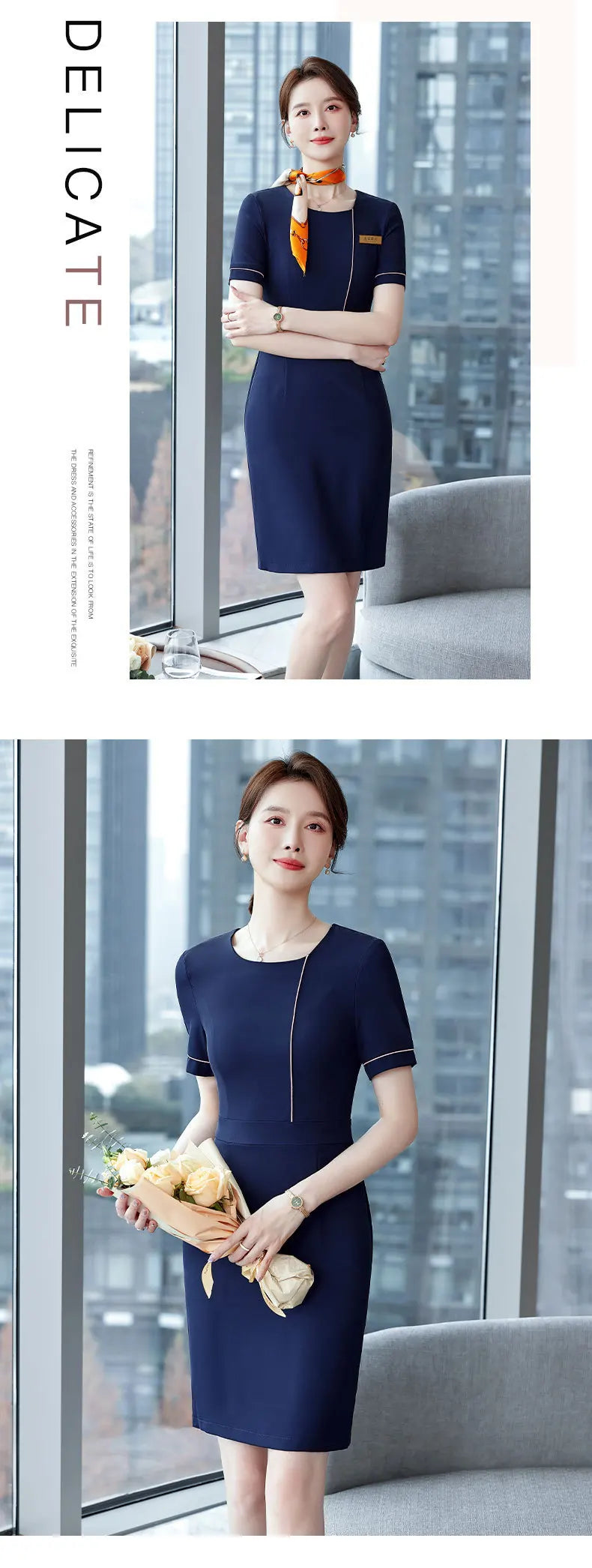 Summer Short Sleeve Elegant Dresses for Women Slim Hips with Scarf Professional Business Work Wear Office Ladies Vestidos