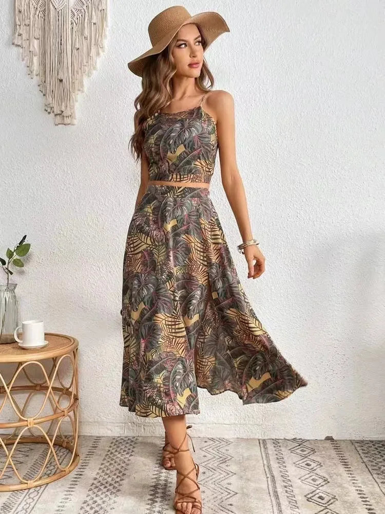 Women Summer Sexy Sleeveless Top With Matching Fashion Printed Skirt Two Piece Set