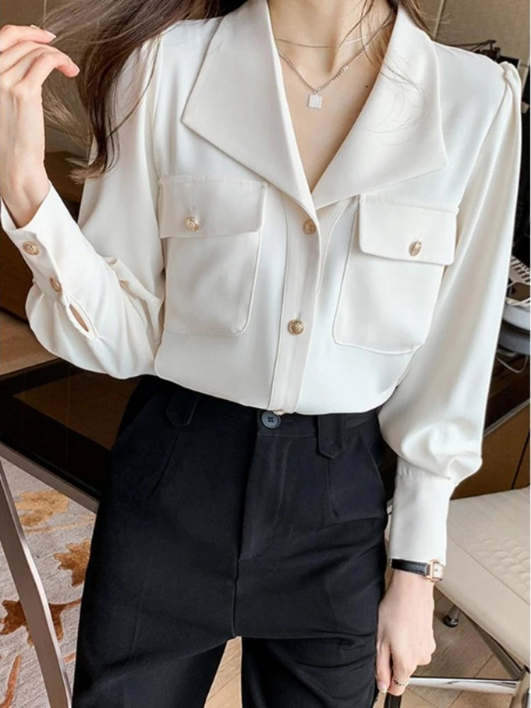 Women's Shirt and Blouse White Dress Shirts Loose Office Outfits Wear To Work Formal Female Tops Full Long Sleeve Button Up Cool