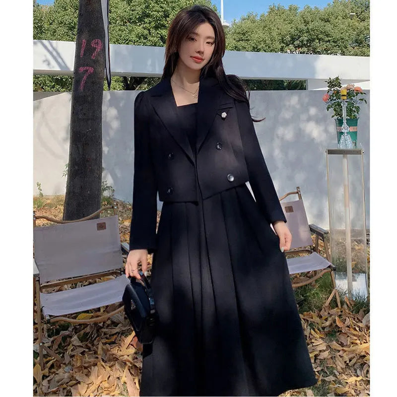 Autumn Korea Elegant Women Black Office Hepburn Suit Dress Casual Lapel  Blazer Coat Classic High Waist A Line  Pleated Dress