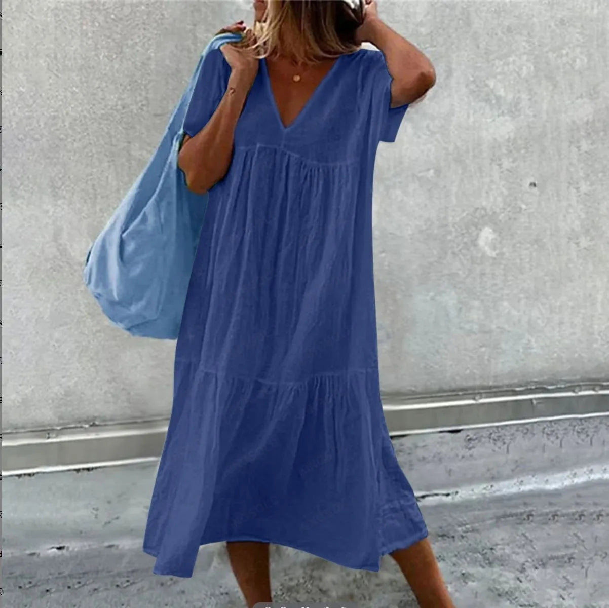 Solid Color Cotton Linen Midi Dresses Women Fashion Casual V-neck Short Sleeves Loose Dress Simple Style Lady Commuting Vestidos