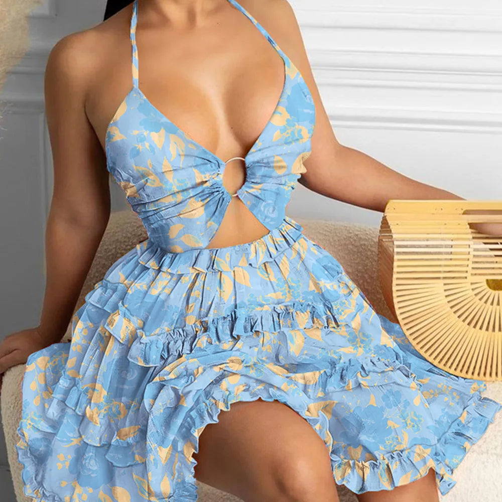 Summer New Printed Halter Neck Mini Dresses For Women Sexy Deep V-neck Hollow Out Backless Leace-up Dress Beach Vestido Feminino