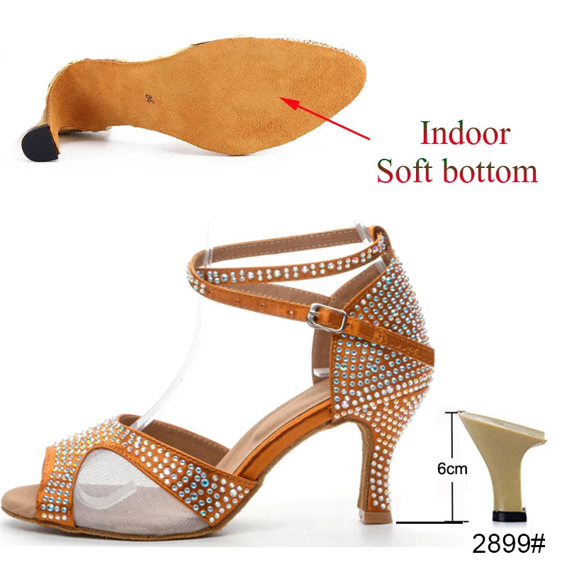 Latin Dance Shoes Women's Salsa Tango Ballroom Party High Heel Women's Shoes Bronze Satin Rhinestone Dance Sandals Summer