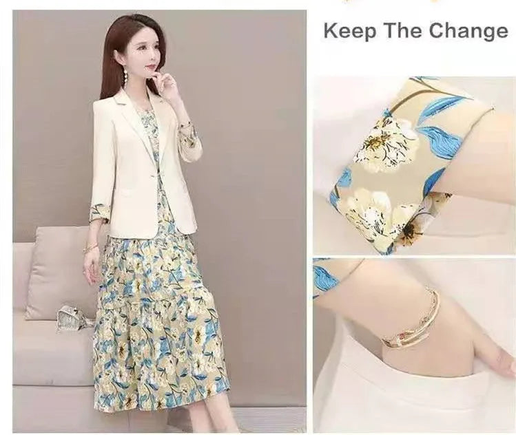 Women's Casual Floral Sling Dress Set 2025 Spring Autumn New Suit Jacket Dresses Two Piece Female Chic Blazers Midi Skirt Set