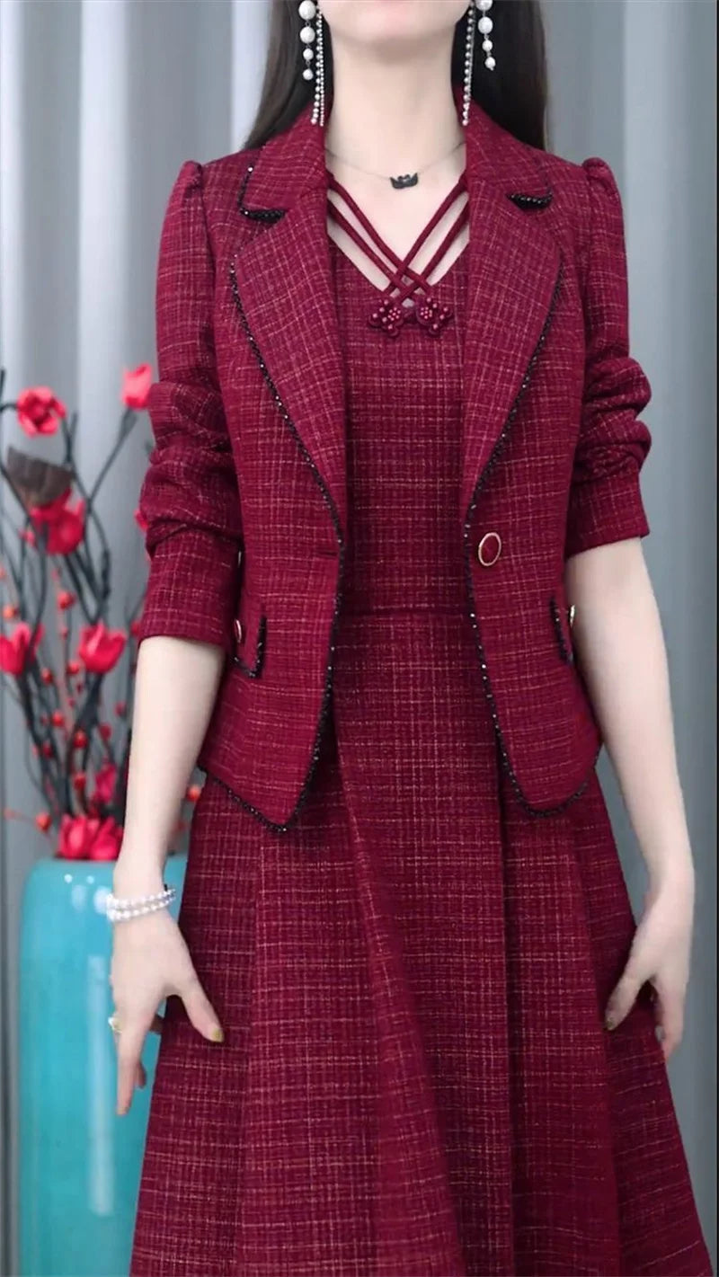 Middle Aged Female Dress Sets Spring Autumn High End Elegant Blazer Coat And Long Dress 2PCS Women OL Temperament Dresses Suit