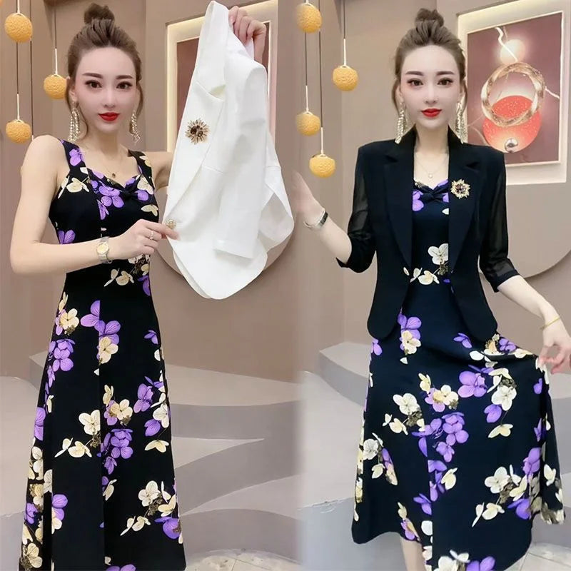 Popular High-End Brooch Blazer Slip Dress Suit Jacket Women's Summer Fashion Blazer Suit Skirt Two-Piece Set Sling Print Dress