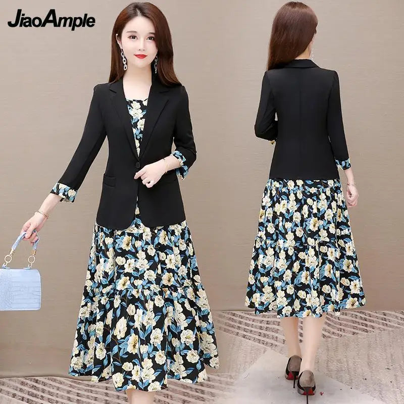 Women's Casual Floral Sling Dress Set 2025 Spring Autumn New Suit Jacket Dresses Two Piece Female Chic Blazers Midi Skirt Set