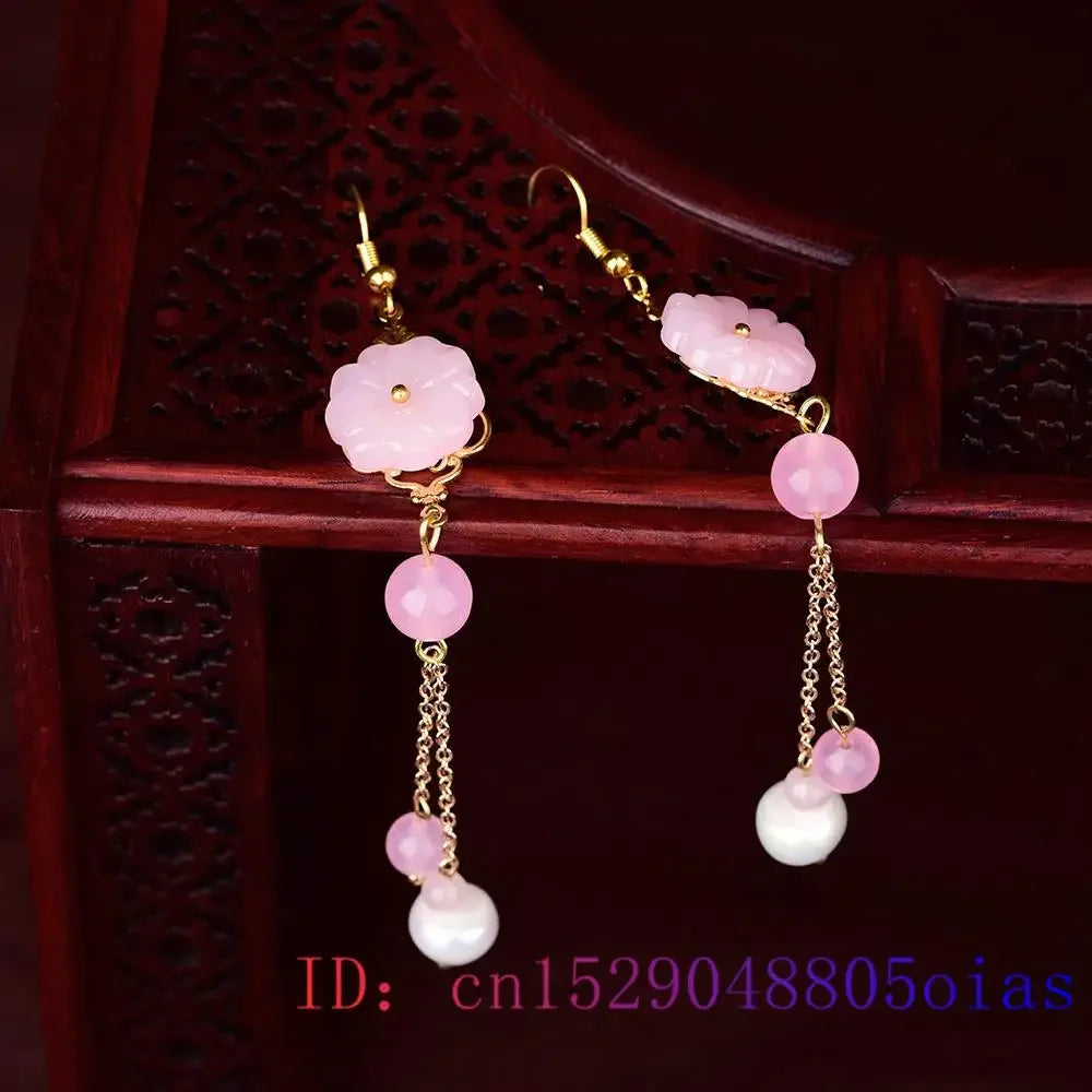 Pink Jade Flower Earrings Chalcedony Gemstone Charm Gifts Crystal Amulet Women Jewelry Natural Fashion Zircon 925 Silver