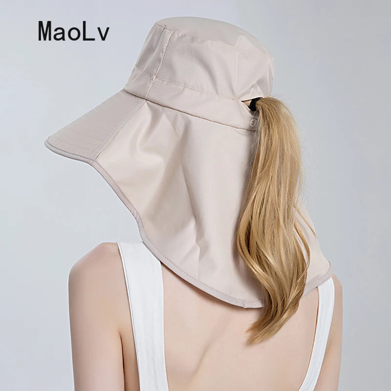 Beach Visor Ponytail Cap Summer Sun Hat for Women Outdoor Neck UV Protection Cycling Fishing Fisherman Hat Big Brim Bucket Hat