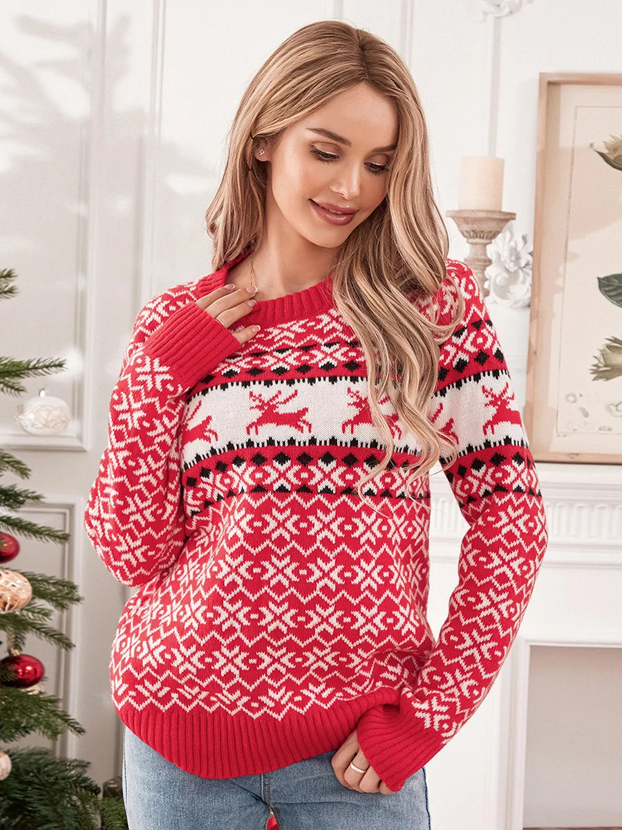 Women's Cute Christmas Sweater Reindeer Print Knitwear Long Sleeve Round Neck Pullover Holiday Knitwear