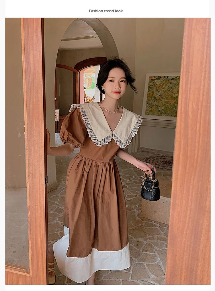 Women Dress Peter Pan Collar Hollow Out Simple Hepburn Korean Style Summer Kawaii College Patchwork Vintage Slim Fashion Preppy