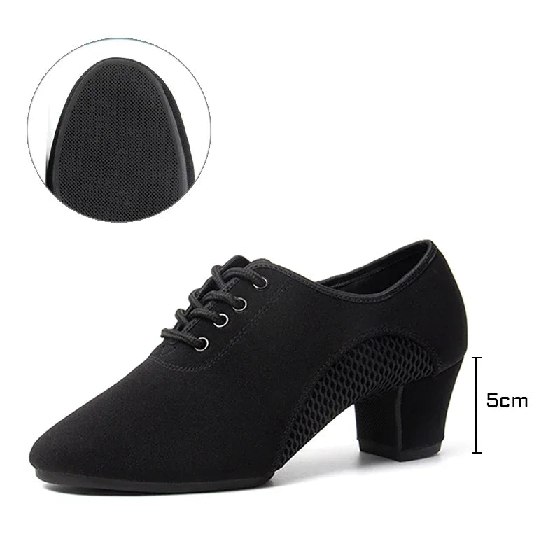 2024 New Arrival Oxford Cloth Latin Dance Shoes Unisex Air-Mesh Breathable Ballroom Shoes 3.5CM Heel Lace-Up Design Tango Jazz