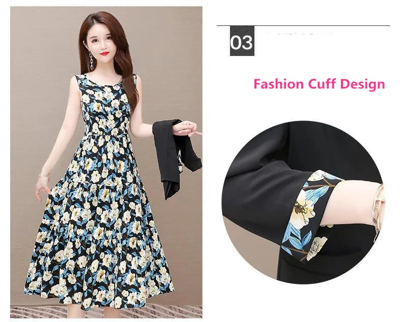 Women's Casual Floral Sling Dress Set 2025 Spring Autumn New Suit Jacket Dresses Two Piece Female Chic Blazers Midi Skirt Set