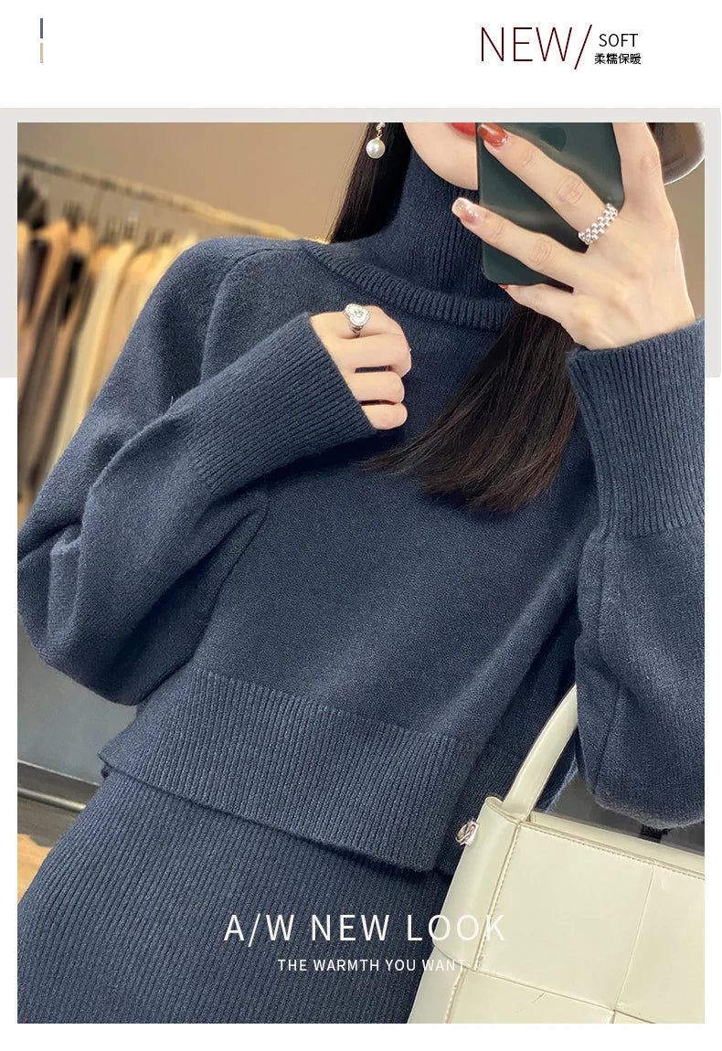 Two Piece Set Women New Autumn Winter Fashion Solid Color Sweater Suit Long Sleeve Turtleneck Clothing Straight Split Dress Sets