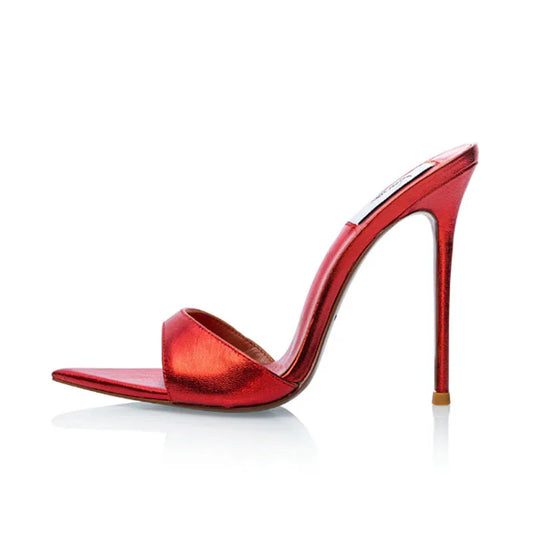 Arden Furtado Summer Metal leather pointed stilettos Slippers Open toe Super high heel Word slippers Outdoor Extra large size