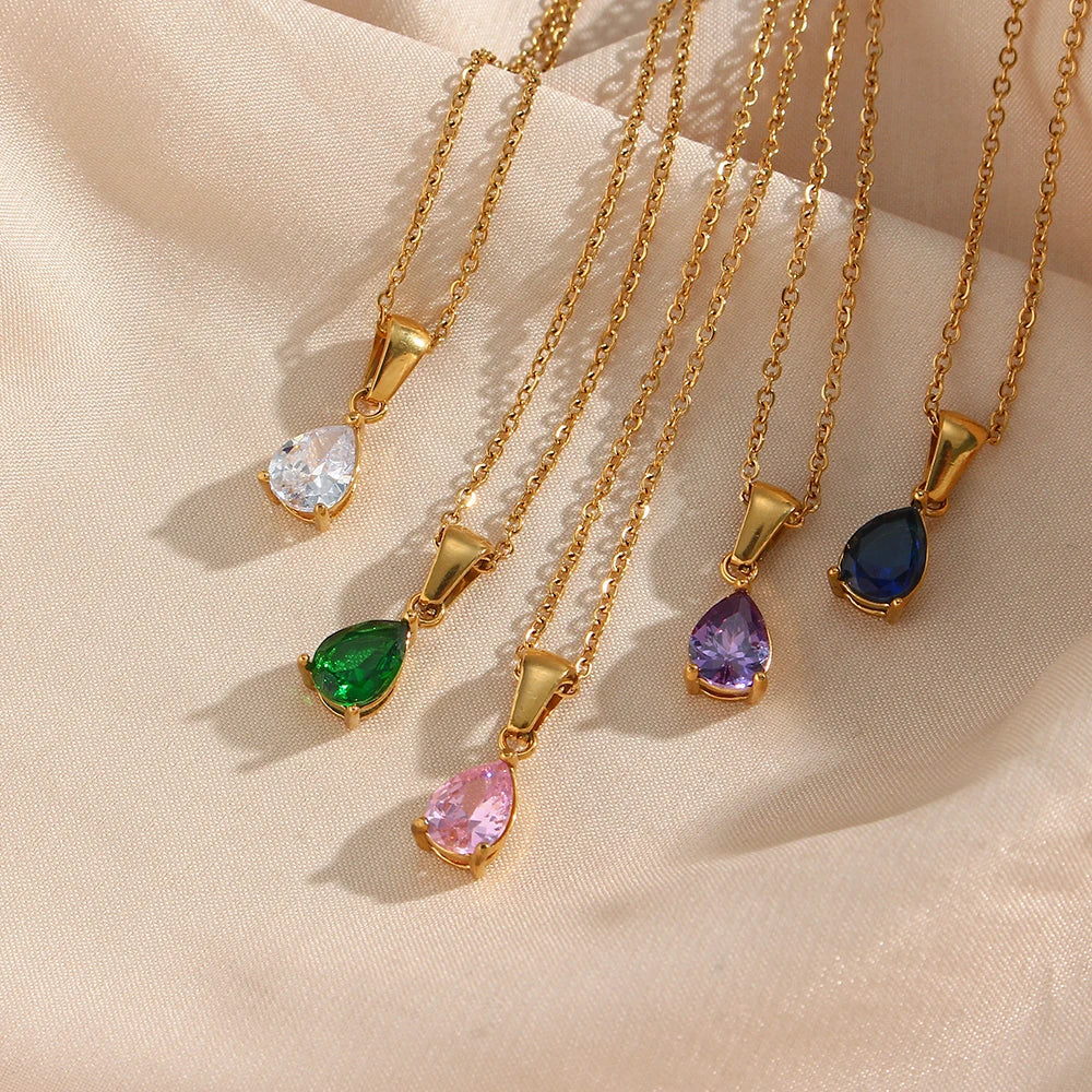 E.B.belle Summer Colorful Crystal Necklace Stainless Steel Gold Plated Waterproof Waterdrop Pendant Necklace For Wedding