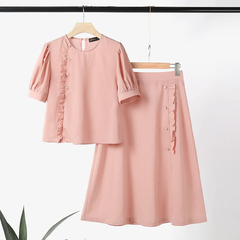 ZANZEA 2PCS Puff Short Sleeve Dress Sets Formal Office Long Skirt Sets Summer Women Elegant Suit Vintage Ruffled Buttons Outfits