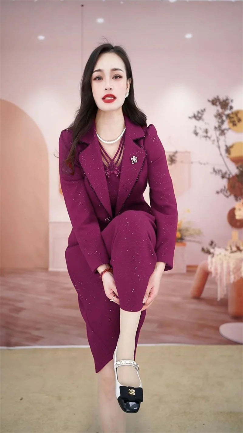 Middle Aged Female Dress Sets Spring Autumn High End Elegant Blazer Coat And Long Dress 2PCS Women OL Temperament Dresses Suit