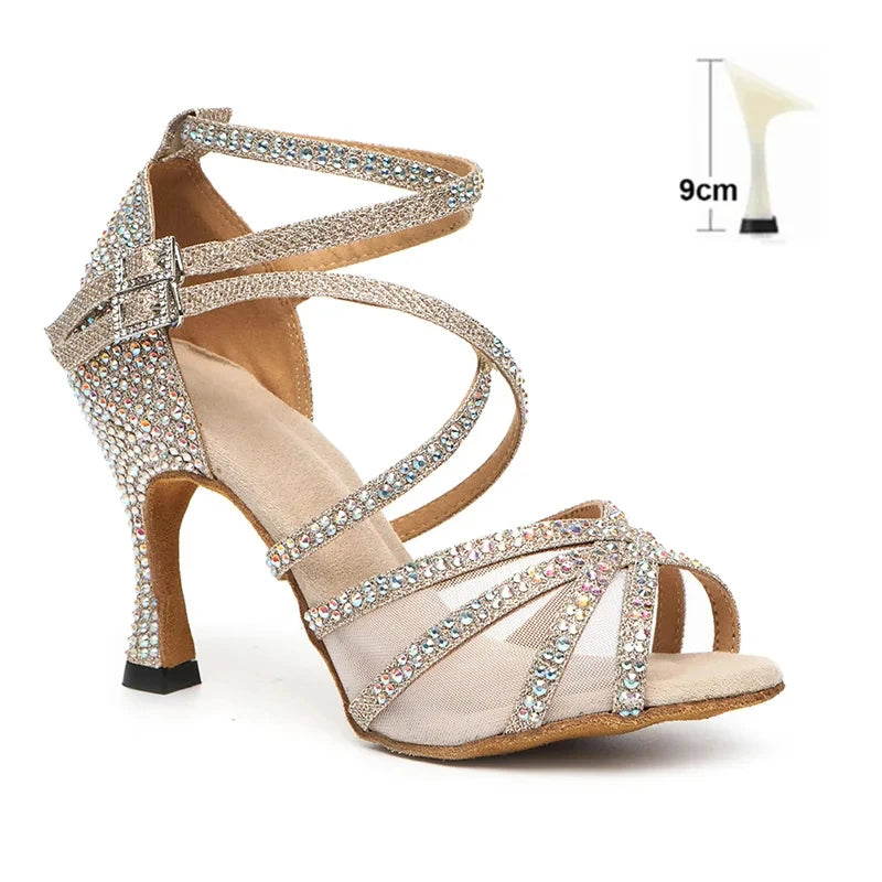 YSWEYOMIC Indoor Latin Salsa Dance Shoes 2024 Gold Shiny Rhinestones Ballroom Latin Women Shoes with Customized Heels