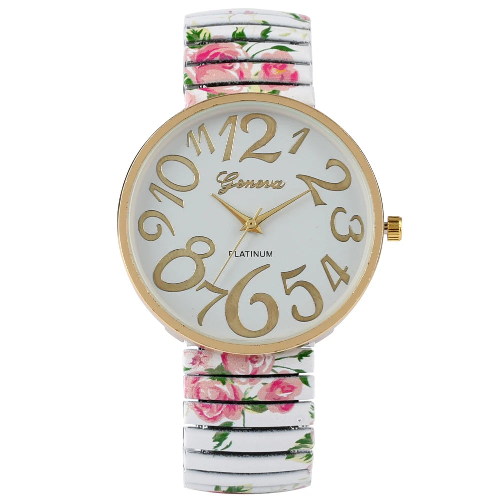 Fashion Women Quartz Watch Large Arabic Number Dial Ladies Wristwatch Unique Elastic Printing Strap Girls Watches Reloj Mujer