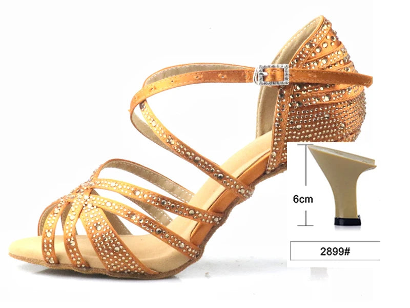 Bronze Rhinestone Latin Dance Shoes Women's Salas Ballroom Shoes Pearl High Heels 9cm Waltz Software Shoes Hot Selling