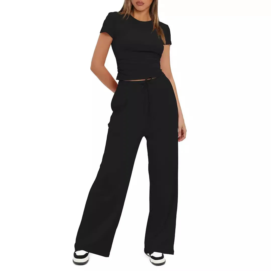 Women Two Pieces Set T-shirt And Wide Leg Pants Short Sleeves High Waist Solid Multi-colors Sports Yoga Casual Tracksuit