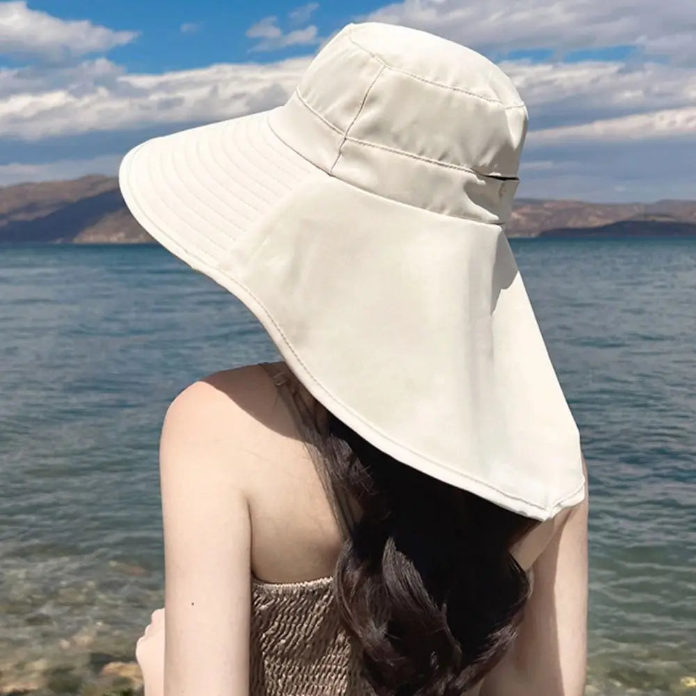 Women's Summer Hat for The Sun Wide Brim UV Neck Protection Solar Beach Bucket Hats Foldable Ponytail Travel Panama Cap