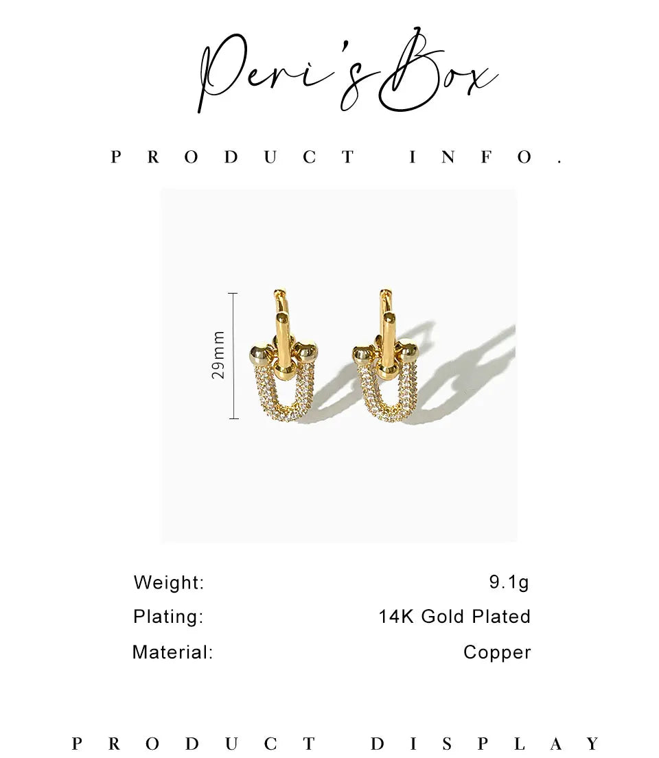 Peri'sbox Statement Gold Plated Chunky U Shape Link Chain Dangle Hoop Earrings with Inlaid Cubic Zirconia Fashion Accessories