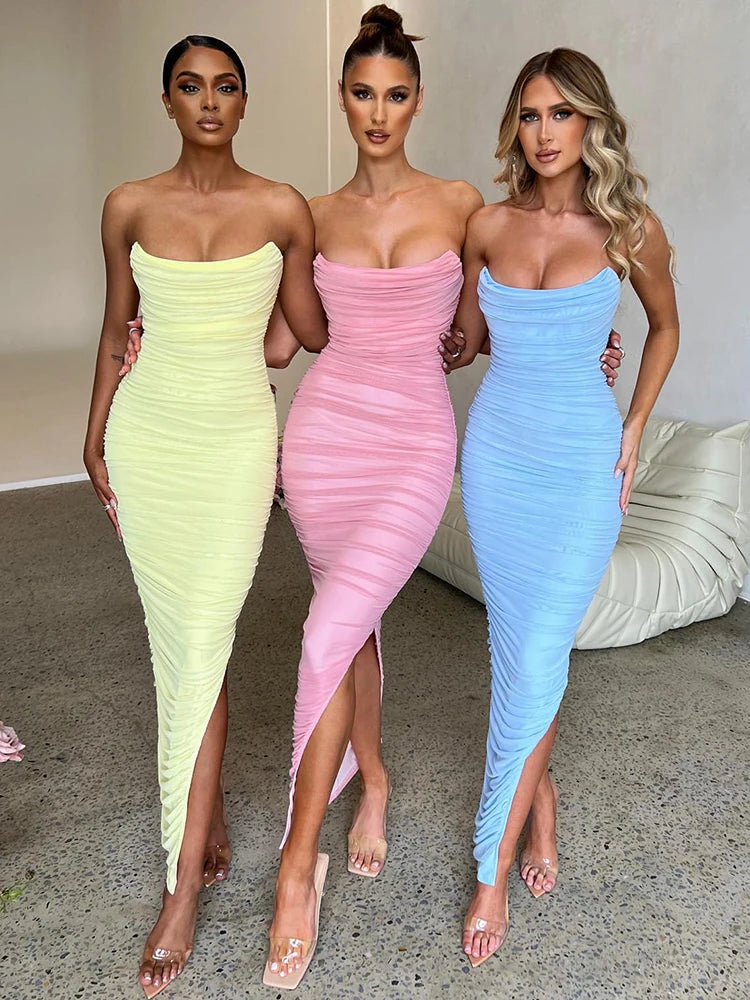 Articat Sexy Strapless Mesh Maxi Dress Women Blue Backless High Slit Ruched Dress Female Autumn 2022 Elegant Party Club Vestidos