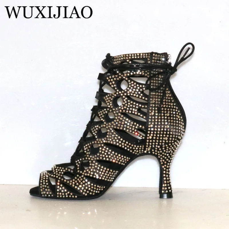 WUXIJIAO European and American rhinestone strap dance boots high heels nightclub dance jazz boots pole dance Latin dance shoes