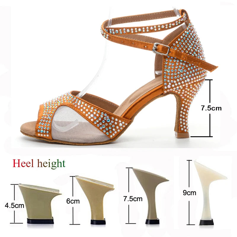 Latin Dance Shoes Women's Salsa Tango Ballroom Party High Heel Women's Shoes Bronze Satin Rhinestone Dance Sandals Summer