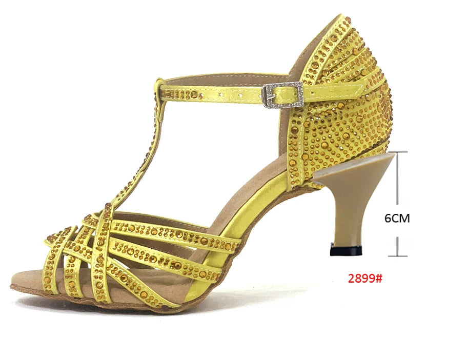 WUXIJIAO Classic Yellow Satin Latin Dance Shoes British Style Water Diamond Dance Shoes Sasha Tango Dance Shoes