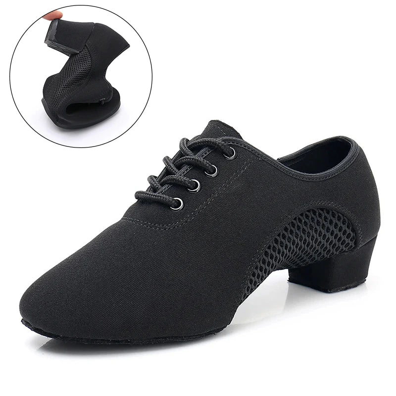 2024 New Arrival Oxford Cloth Latin Dance Shoes Unisex Air-Mesh Breathable Ballroom Shoes 3.5CM Heel Lace-Up Design Tango Jazz