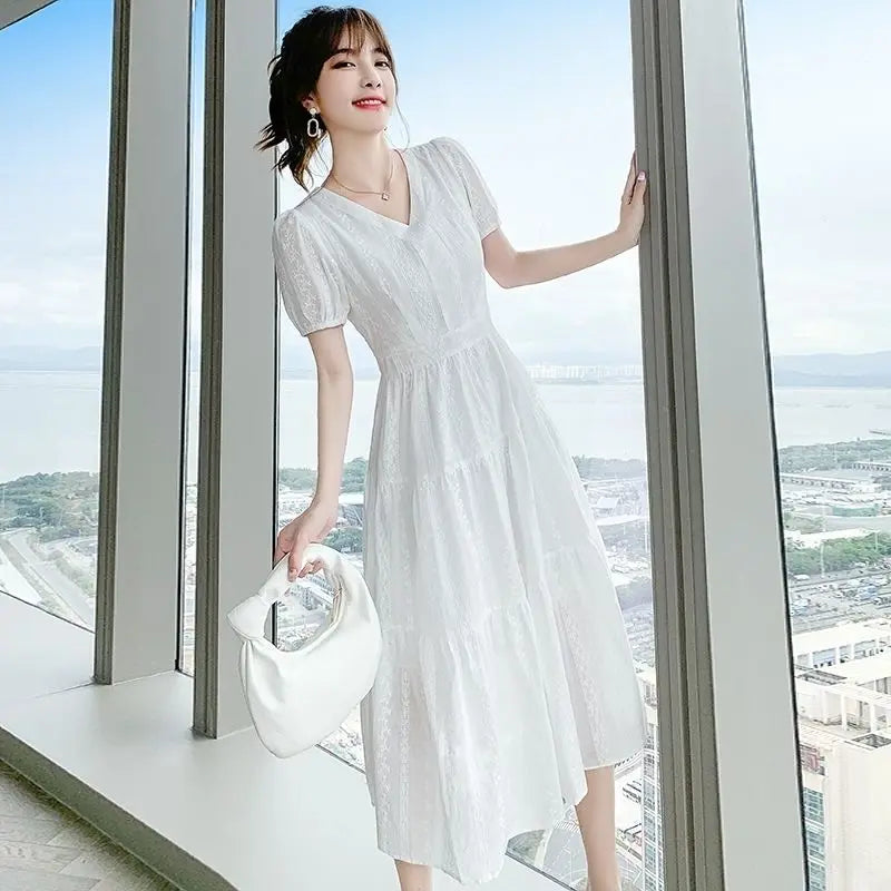 Summer New Pure Cotton V-neck Embroidery Elegant Fashion White Dresses Ladies Short Sleeve Waist Sweet Robe Dress Female Vestido