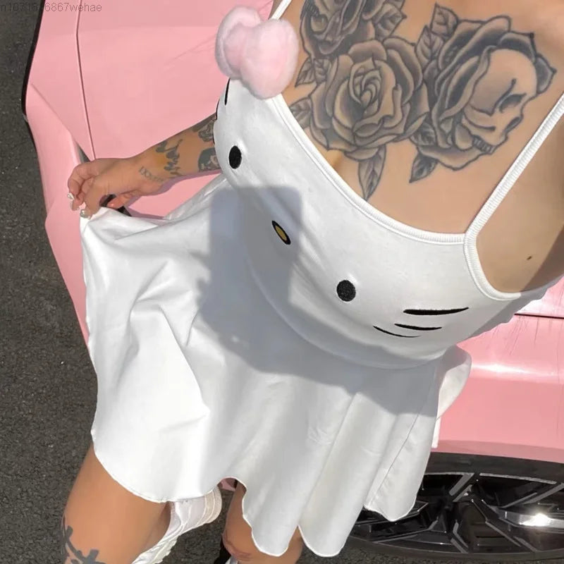 Sanrio Hello Kitty Cute Embroidery Pattern Plush Bows Slim Fit White Sweet Strap Dress Thin Sleeveless Camisole Short Skirt