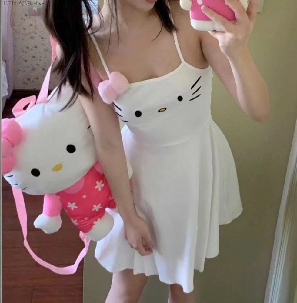 Sanrio Hello Kitty Cute Embroidery Pattern Plush Bows Slim Fit White Sweet Strap Dress Thin Sleeveless Camisole Short Skirt