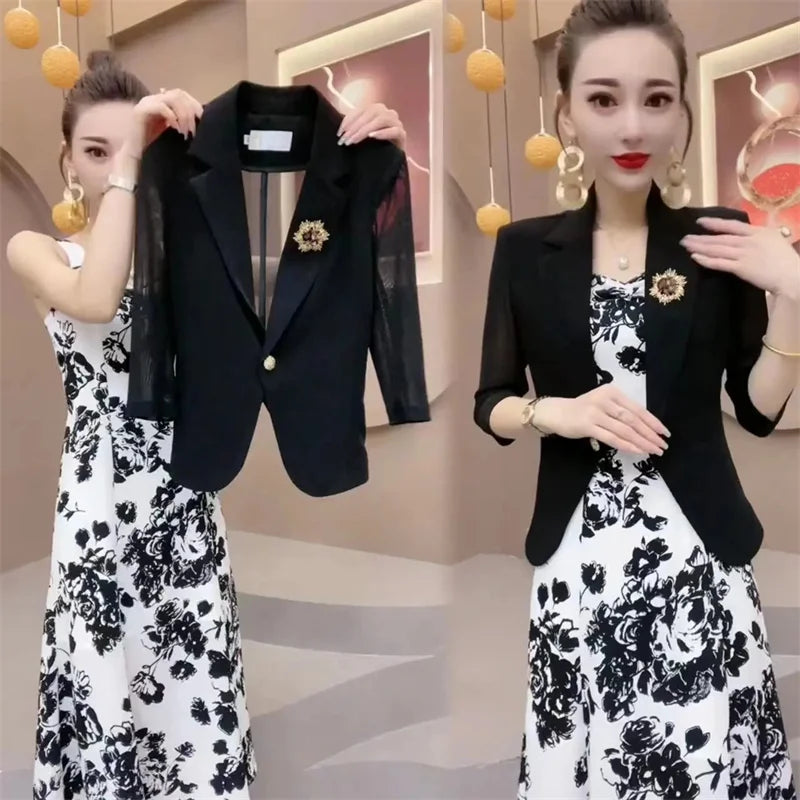 Popular High-End Brooch Blazer Slip Dress Suit Jacket Women's Summer Fashion Blazer Suit Skirt Two-Piece Set Sling Print Dress