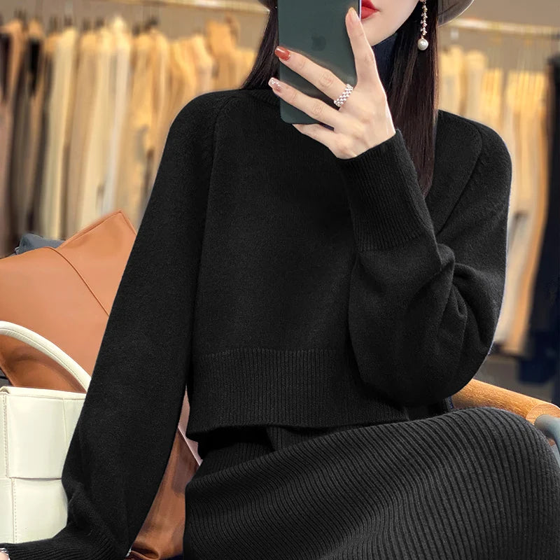 Two Piece Set Women New Autumn Winter Fashion Solid Color Sweater Suit Long Sleeve Turtleneck Clothing Straight Split Dress Sets