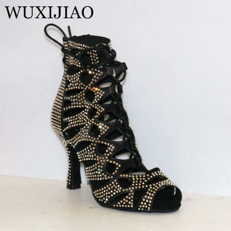 WUXIJIAO European and American rhinestone strap dance boots high heels nightclub dance jazz boots pole dance Latin dance shoes