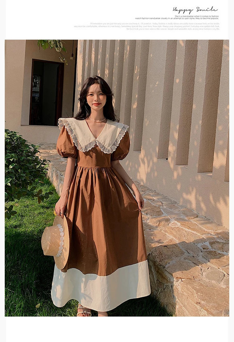 Women Dress Peter Pan Collar Hollow Out Simple Hepburn Korean Style Summer Kawaii College Patchwork Vintage Slim Fashion Preppy