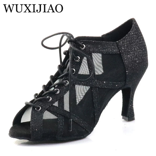 Black diamond inlaid Latin dance shoes, fish billed women's high top dance shoes, cool boots, ball and social dance shoes, salsa