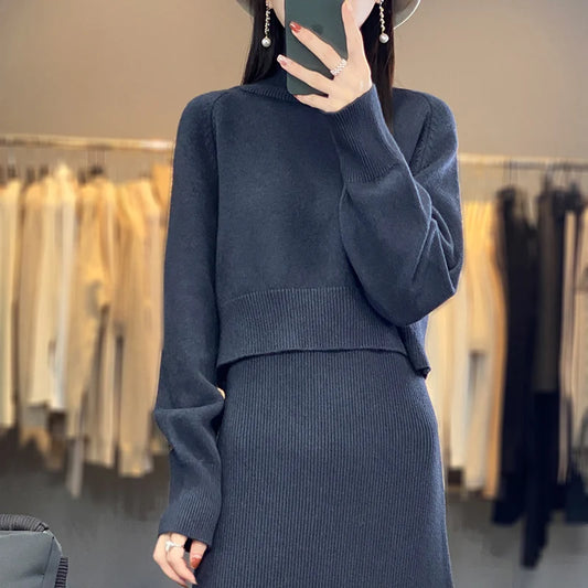 Two Piece Set Women New Autumn Winter Fashion Solid Color Sweater Suit Long Sleeve Turtleneck Clothing Straight Split Dress Sets