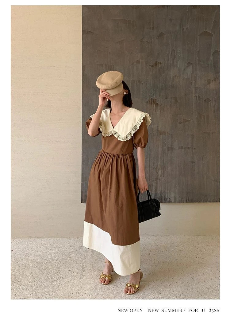 Women Dress Peter Pan Collar Hollow Out Simple Hepburn Korean Style Summer Kawaii College Patchwork Vintage Slim Fashion Preppy