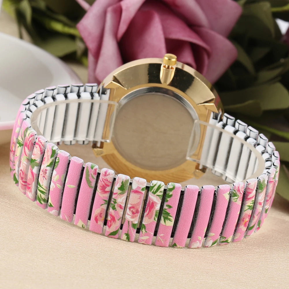 Fashion Women Quartz Watch Large Arabic Number Dial Ladies Wristwatch Unique Elastic Printing Strap Girls Watches Reloj Mujer