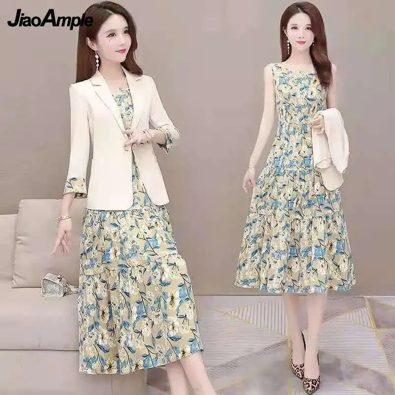 Women's Casual Floral Sling Dress Set 2025 Spring Autumn New Suit Jacket Dresses Two Piece Female Chic Blazers Midi Skirt Set