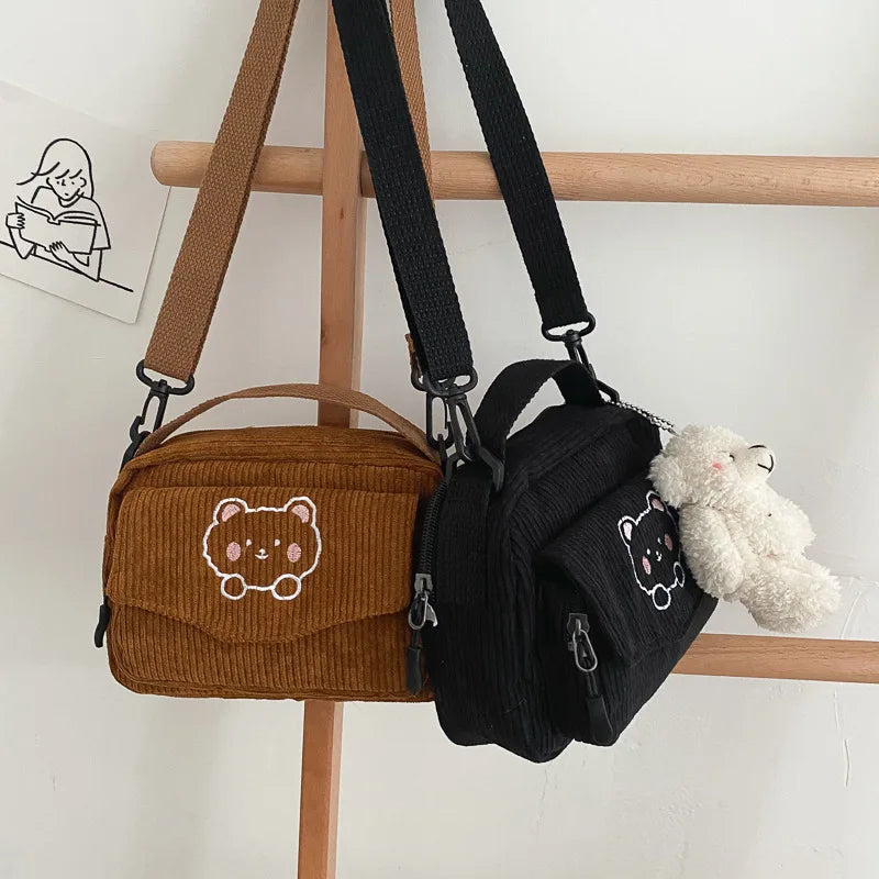 Women Fashion Corduroy Cartoon Bear Print Shoulder Bag Student Girls Tote Messenger Bag Satchel Travel Handbags Canvas Small Bag