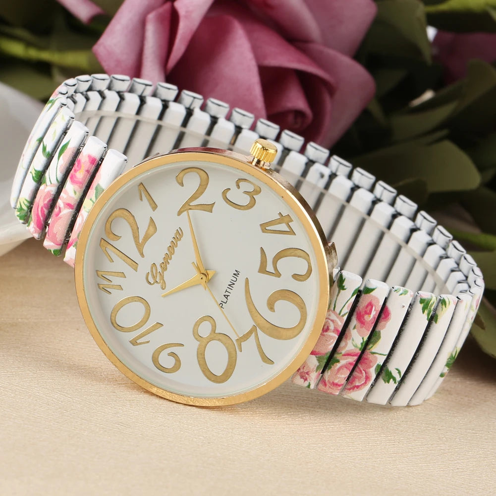 Fashion Women Quartz Watch Large Arabic Number Dial Ladies Wristwatch Unique Elastic Printing Strap Girls Watches Reloj Mujer