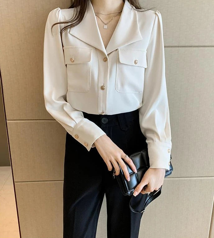 Women's Shirt and Blouse White Dress Shirts Loose Office Outfits Wear To Work Formal Female Tops Full Long Sleeve Button Up Cool